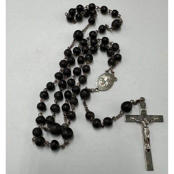 Vintage AP Sterling Silver Rosary Black Wooden Beads Prayer Crucifix Religious - Picture 1 of 11